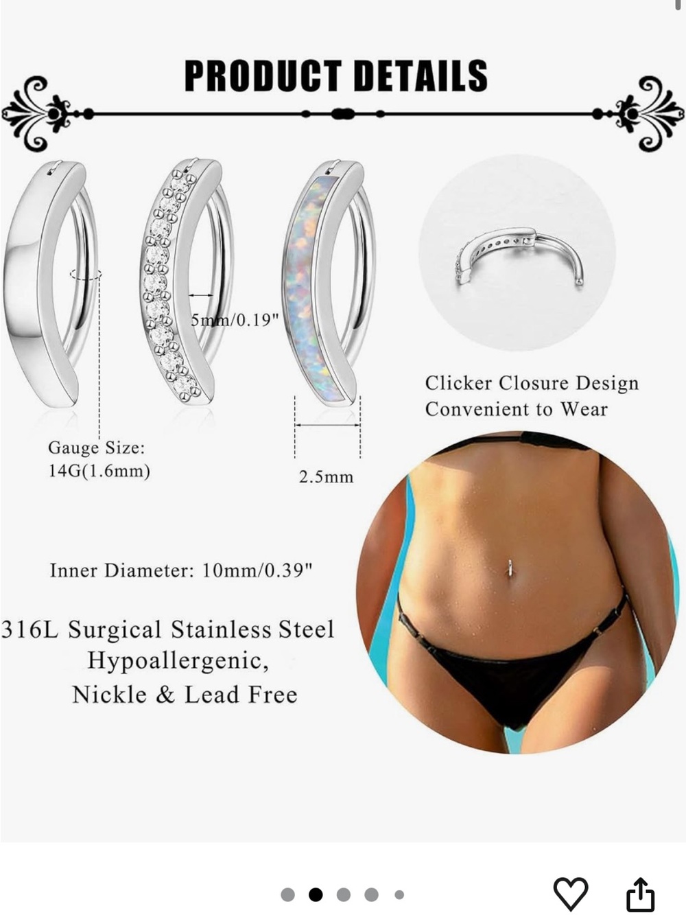 Opal / CZ Look Stainless Steel Bellybutton Ring Trio - Picture 4 of 9